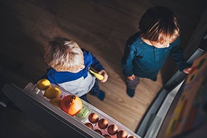 arial view of two young children standing in front of an open refrigerator