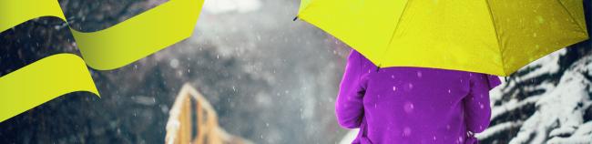 person walking in the snow with a purple coat and lime green umbrella